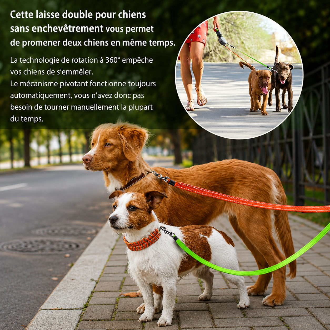 Pawty — Laisse Double Rétractable 2-en-1 avec LED & Distributeur de Sacs