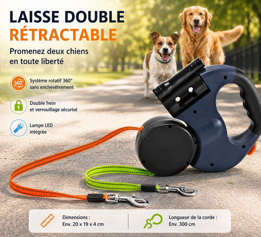 Pawty — Laisse Double Rétractable 2-en-1 avec LED & Distributeur de Sacs