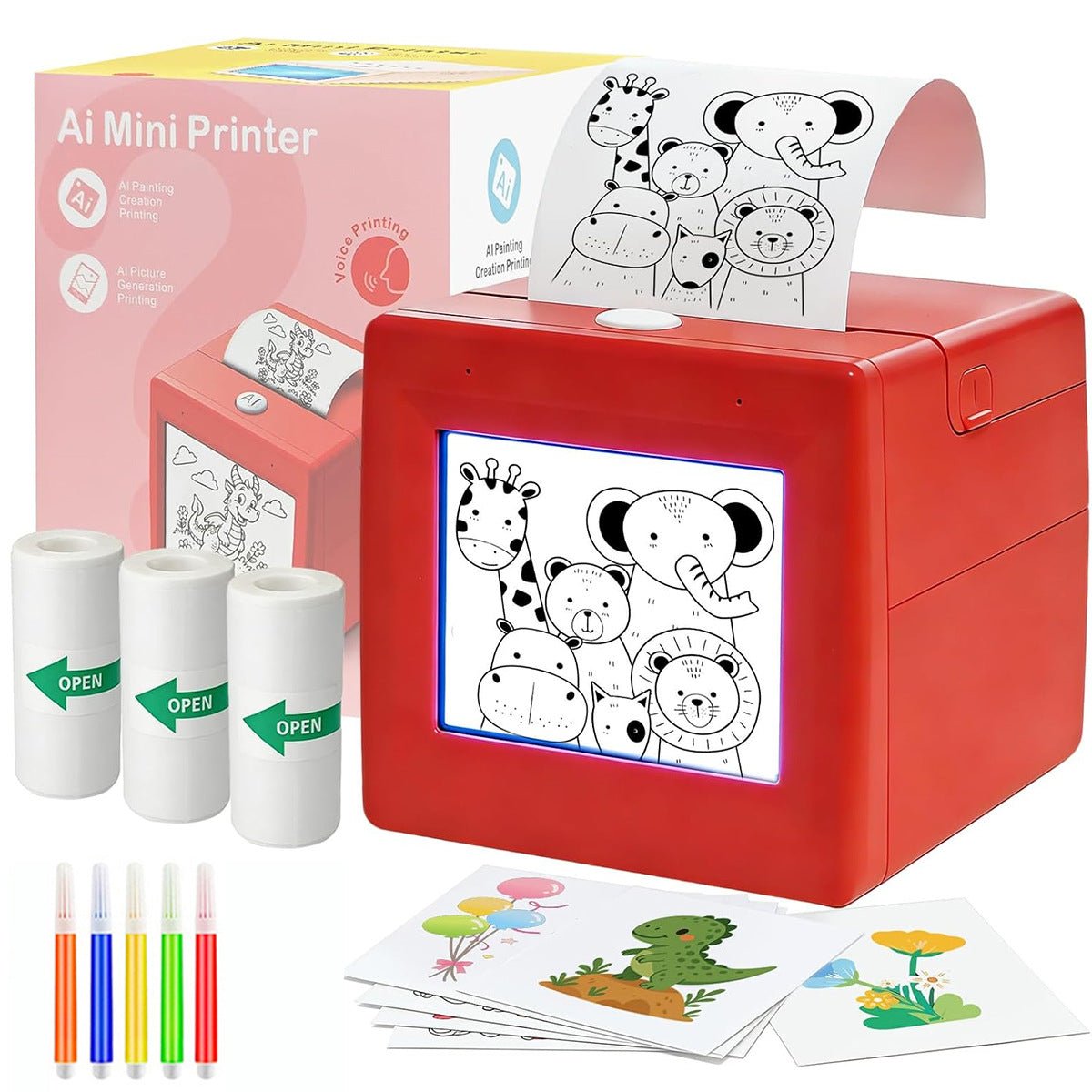Dessinbox | Mini Imprimante IA Vocale pour Enfants | Coffret Coloriage Rouge