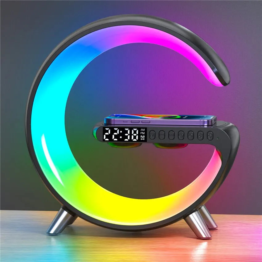 Enceinte Bluetooth multifonctionnelle - Lumière d'ambiance colorée Chargement sans fil et horloge Tout-en-un